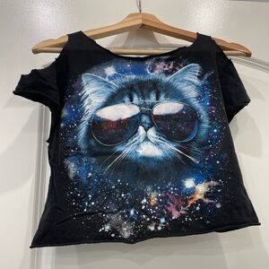 Cat with sunglasses galaxy cropped shirt